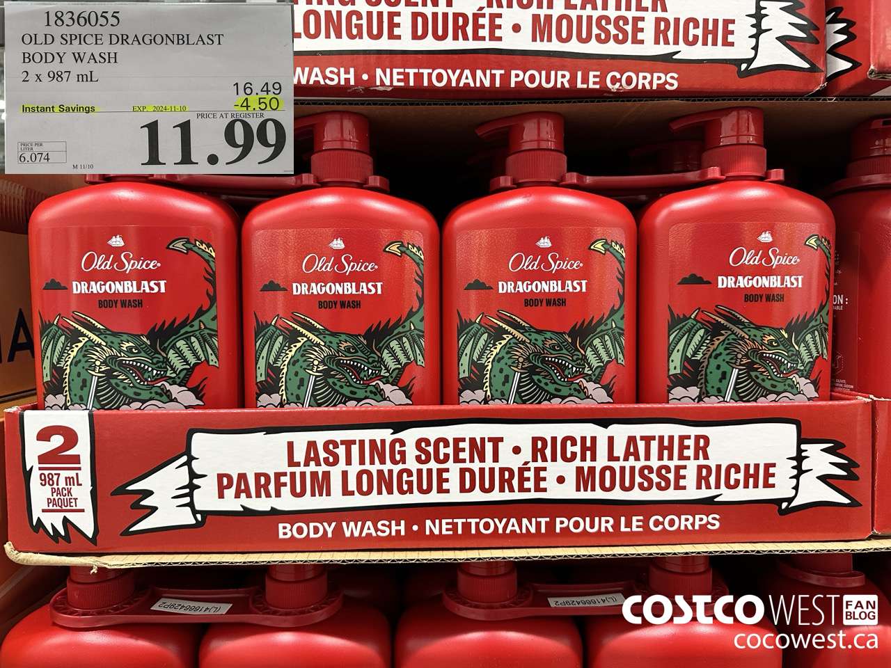 1836055 OLD SPICE DRAGONBLAST BODY WASH 2 X 987 ML ($4.50 INSTANT SAVINGS EXPIRES ON 2024-11-10) $11.99