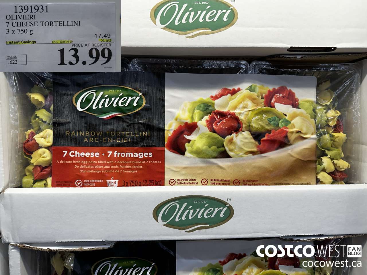 1391931 OLIVIERI 7 CHEESE TORTELLINI 3 x 750 g ($3.50 INSTANT SAVINGS EXPIRES ON 2024-10-20) $13.99
