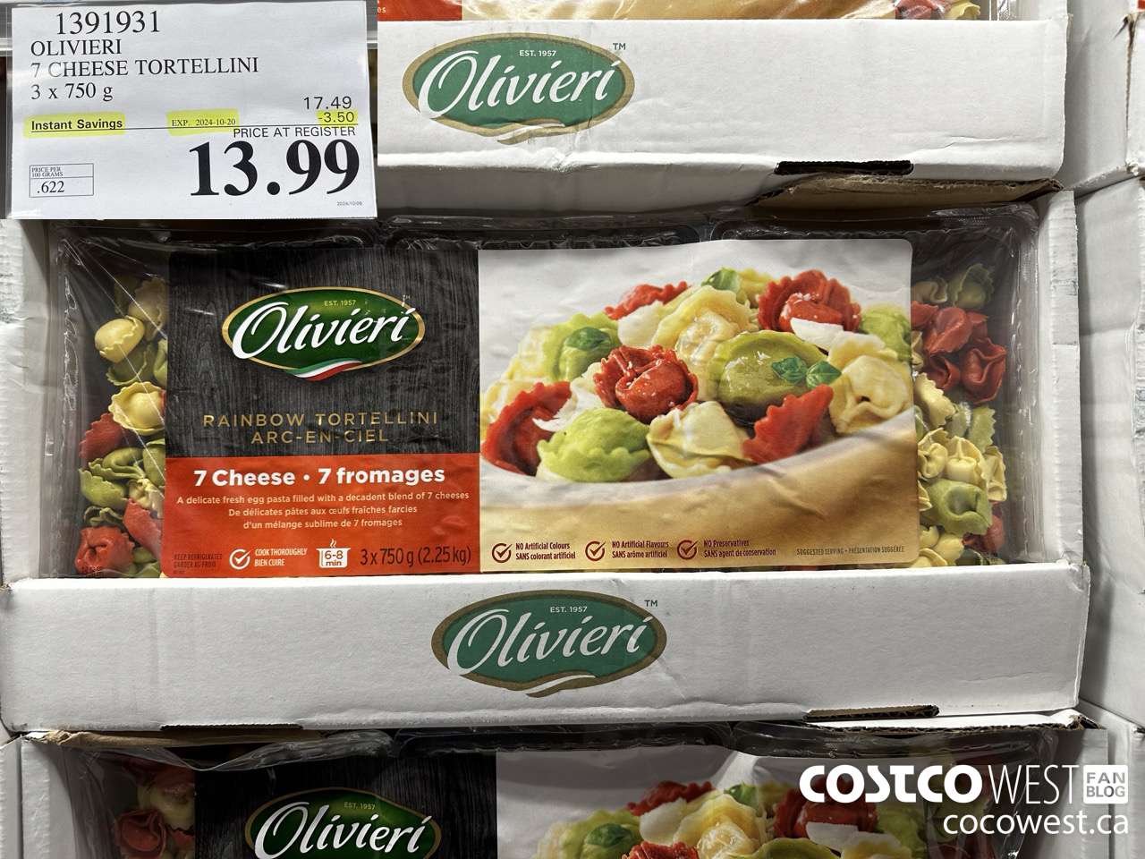 1391931 OLIVIERI 7 CHEESE TORTELLINI 3 x 750 g ($3.50 INSTANT SAVINGS EXPIRES ON 2024-10-20) $13.99