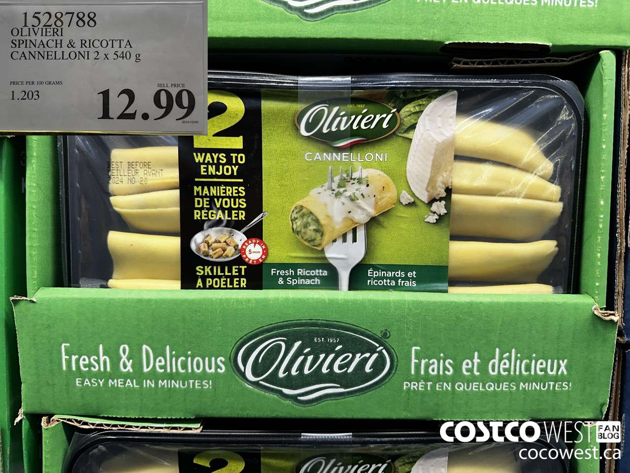 1528788 OLIVIERI SPINACH & RICOTTA CANNELLONI 2 x 540 g $12.99