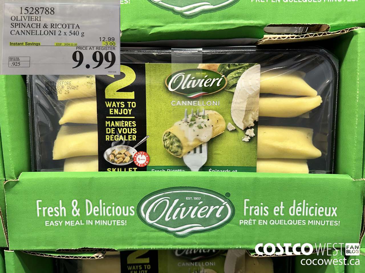 1528788 OLIVIERI SPINACH & RICOTTA CANNELLONI 2 x 540 g ($3.00 INSTANT SAVINGS EXPIRES ON 2024-11-10) $9.99