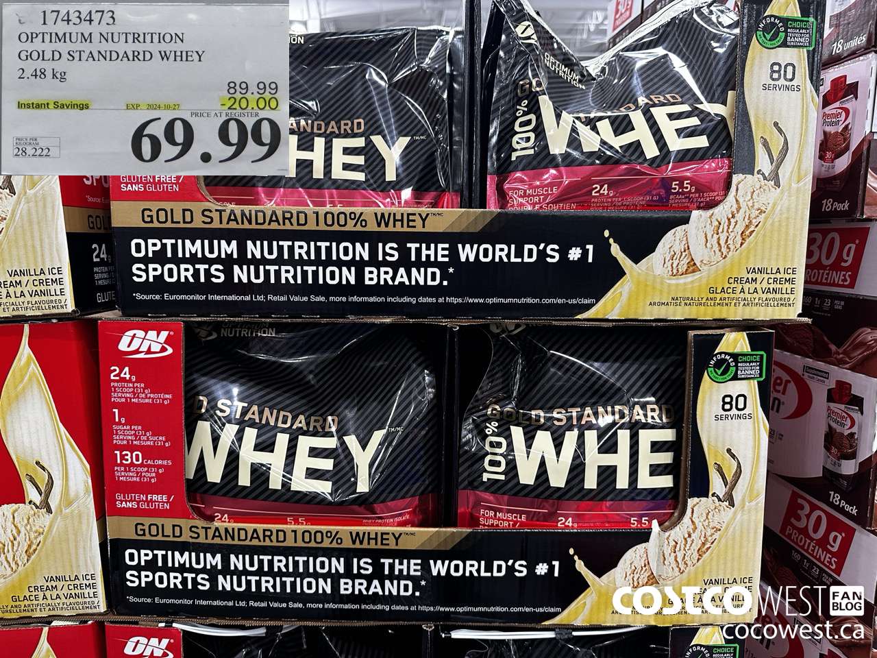 1743473 OPTIMUM NUTRITION GOLD STANDARD WHEY 2.48 KG ($20.00 INSTANT SAVINGS EXPIRES ON 2024-10-27) $69.99