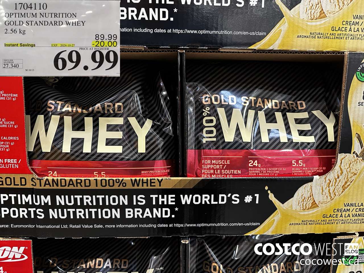 1704110 OPTIMUM NUTRITION GOLD STANDARD WHEY 2.56 KG ($20.00 INSTANT SAVINGS EXPIRES ON 2024-10-27) $69.99