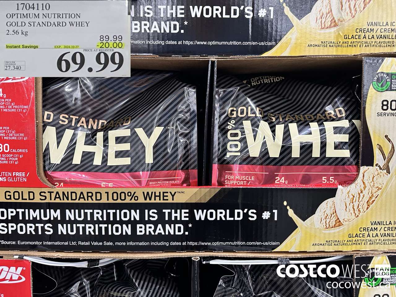 1704110 OPTIMUM NUTRITION GOLD STANDARD WHEY 2.56 KG ($20.00 INSTANT SAVINGS EXPIRES ON 2024-10-27) $69.99