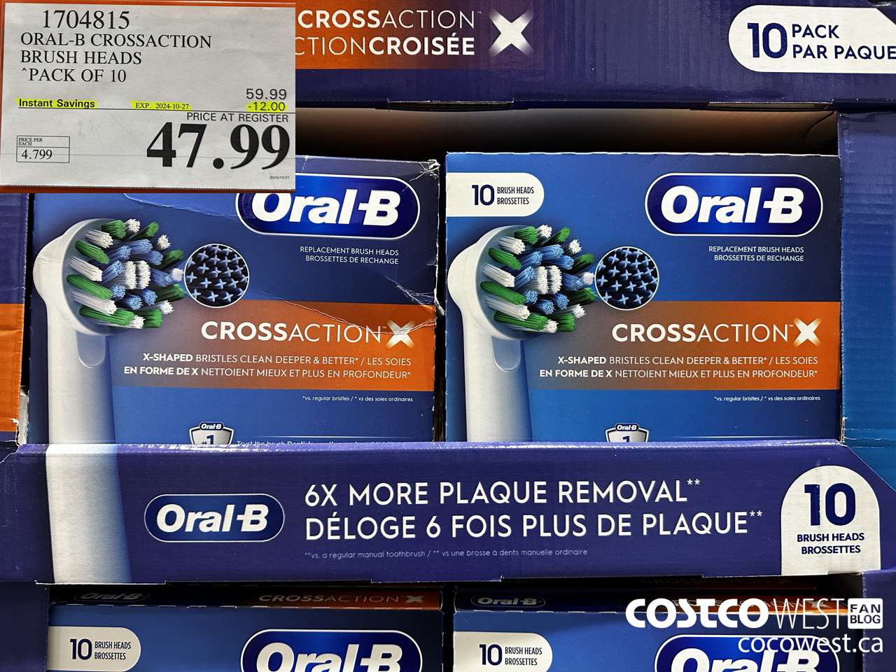 1704815 ORAL-B CROSSACTION BRUSH HEADS PACK OF 10 ($12.00 INSTANT SAVINGS EXPIRES ON 2024-10-27) $47.99