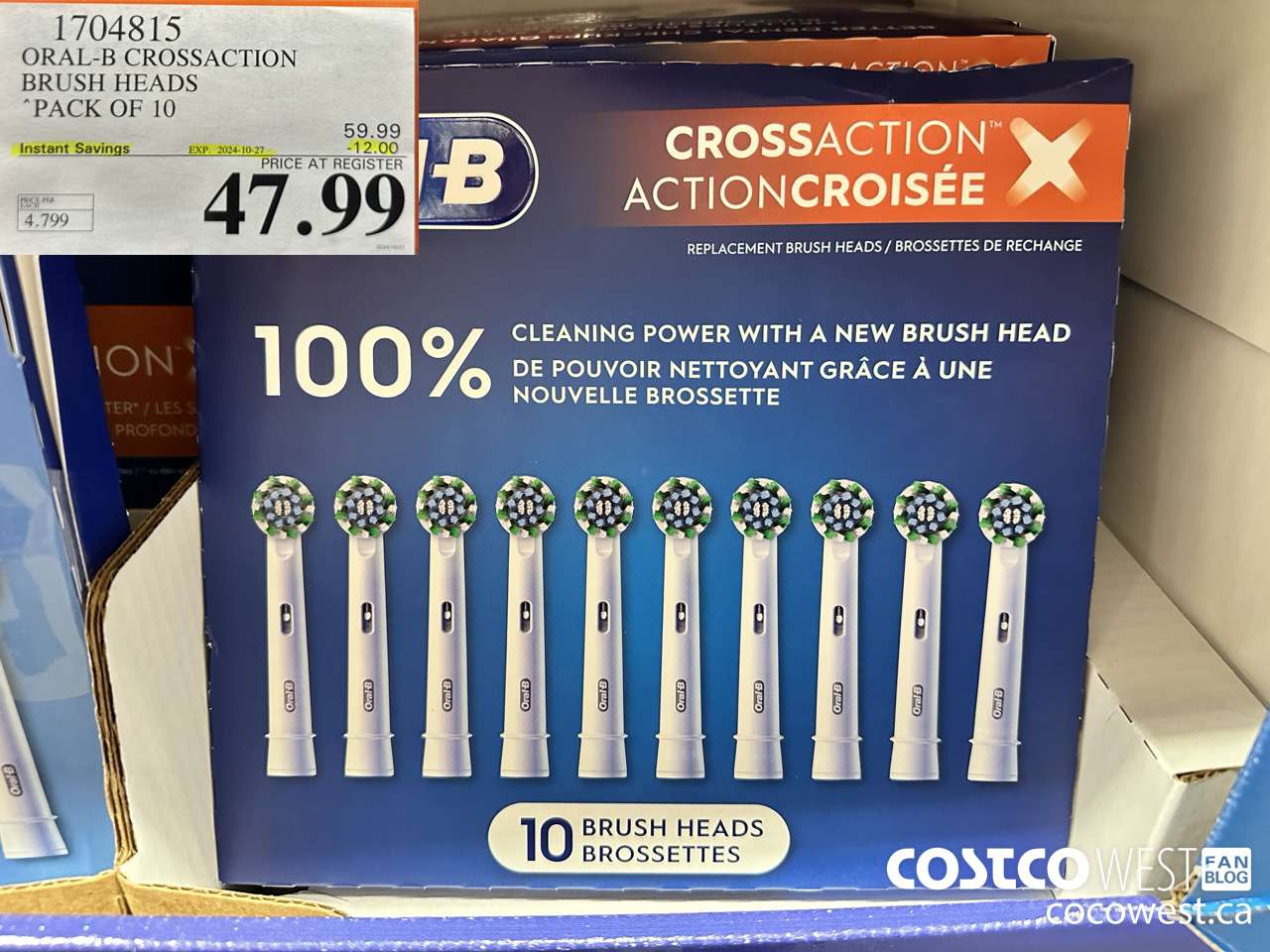 1704815 ORAL-B CROSSACTION BRUSH HEADS PACK OF 10 ($12.00 INSTANT SAVINGS EXPIRES ON 2024-10-27) $47.99
