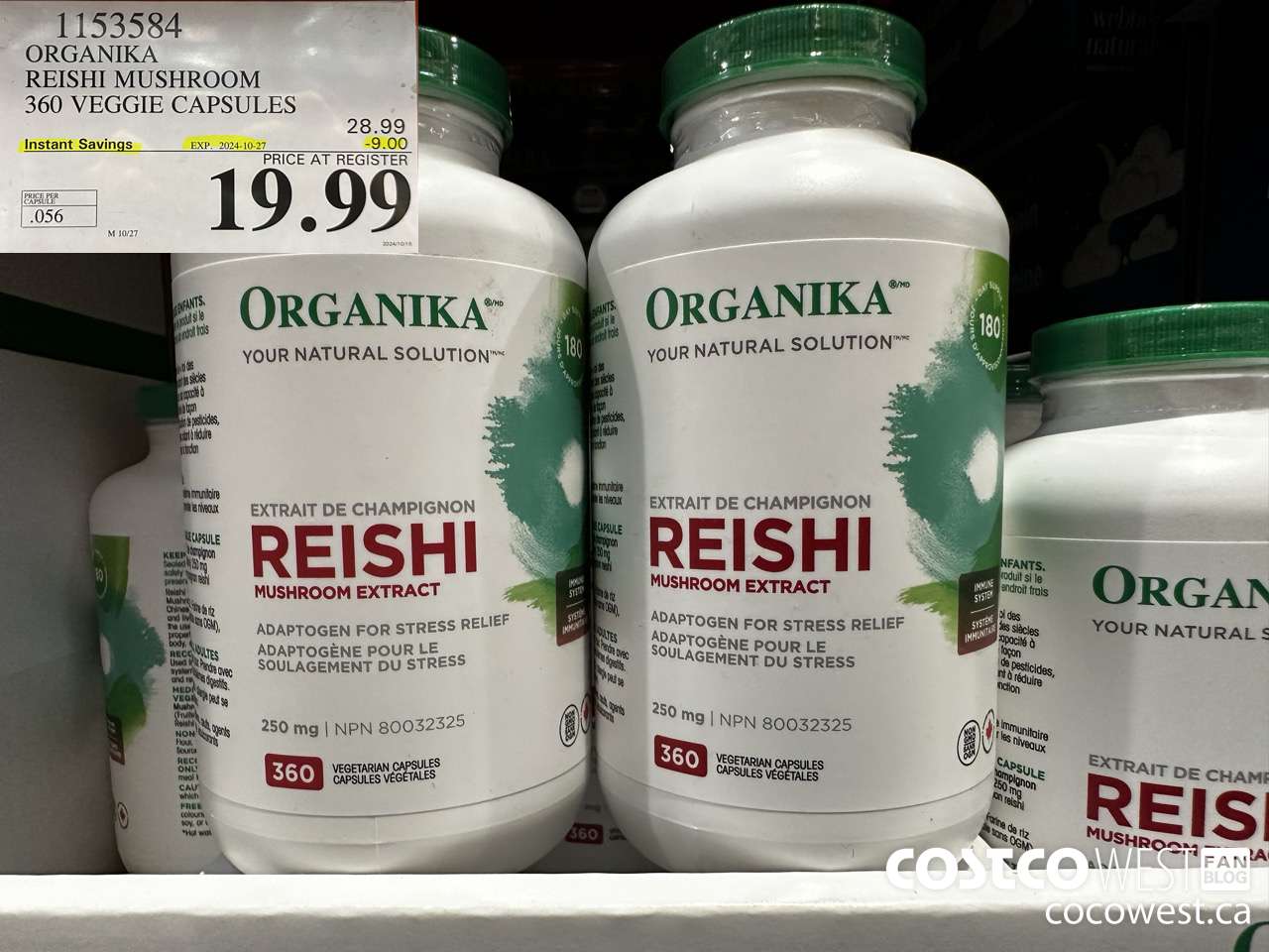 1153584 ORGANIKA REISHI MUSHROOM 360 VEGGIE CAPSULES ($9.00 INSTANT SAVINGS EXPIRES ON 2024-10-27) $19.99