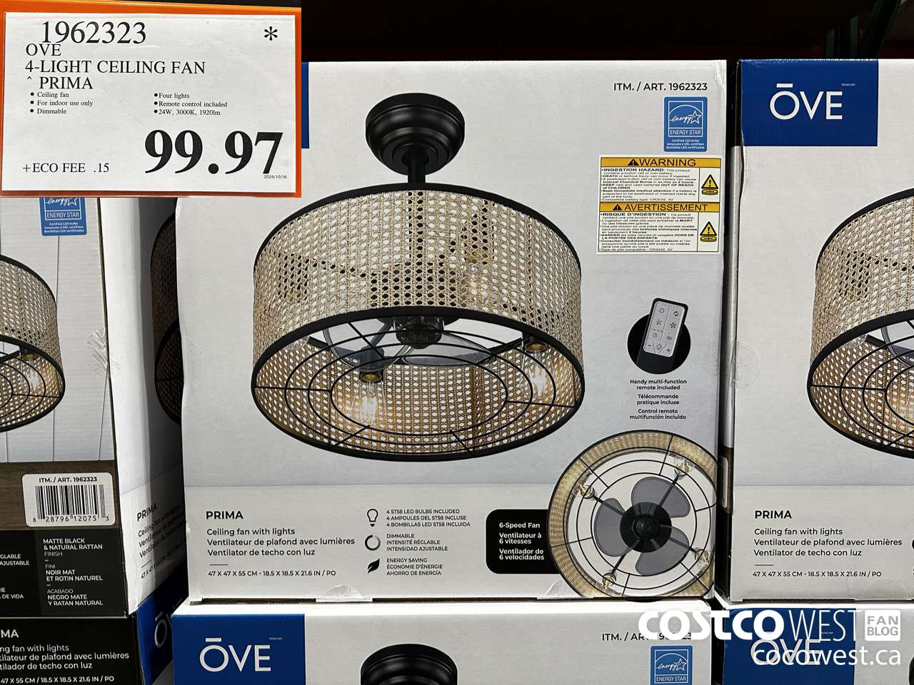 1962323 OVE 4-LIGHT CEILING FAN PRIMA $99.97