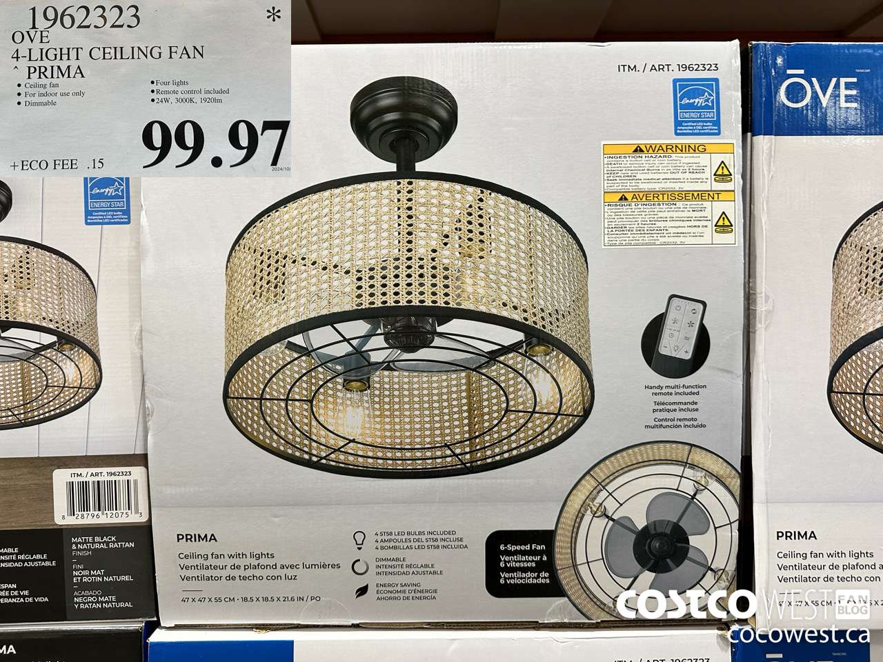 1962323 OVE 4-LIGHT CEILING FAN PRIMA $99.97