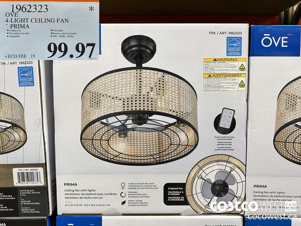 1962323 OVE 4-LIGHT CEILING FAN PRIMA $99.97
