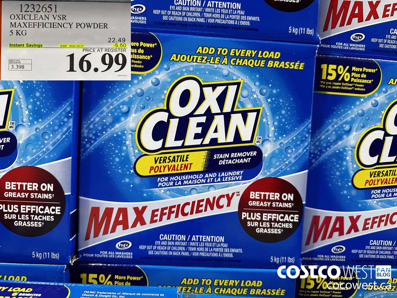 1232651 OXICLEAN VSR MAXEFFICIENCY POWDER 5 KG ($5.50 INSTANT SAVINGS EXPIRES ON 2024-10-27) $16.99