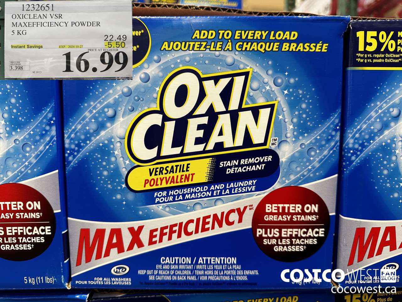1232651 OXICLEAN VSR MAXEFFICIENCY POWDER 5 KG ($5.50 INSTANT SAVINGS EXPIRES ON 2024-10-27) $16.99