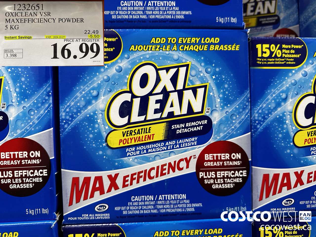 1232651 OXICLEAN VSR MAXEFFICIENCY POWDER 5 KG ($5.50 INSTANT SAVINGS EXPIRES ON 2024-10-27) $16.99