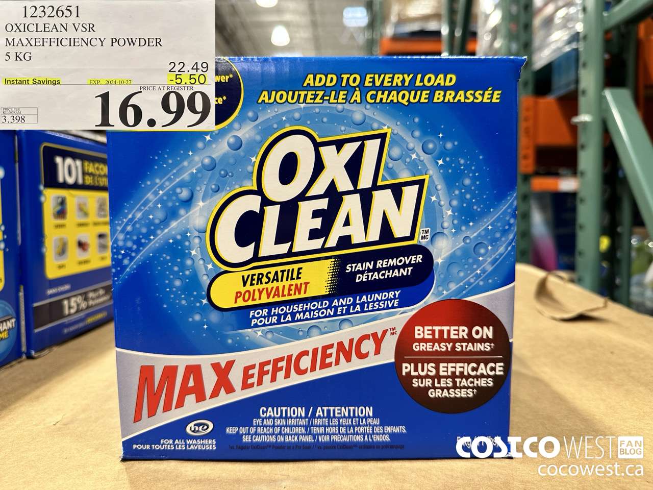 1232651 OXICLEAN VSR MAXEFFICIENCY POWDER 5 KG ($5.50 INSTANT SAVINGS EXPIRES ON 2024-10-27) $16.99