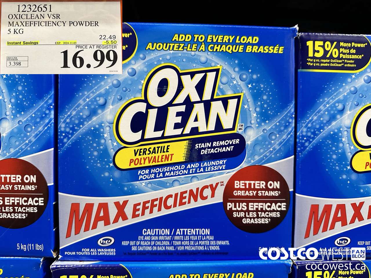 1232651 OXICLEAN VSR MAXEFFICIENCY POWDER 5 KG ($5.50 INSTANT SAVINGS EXPIRES ON 2024-11-03) $16.99