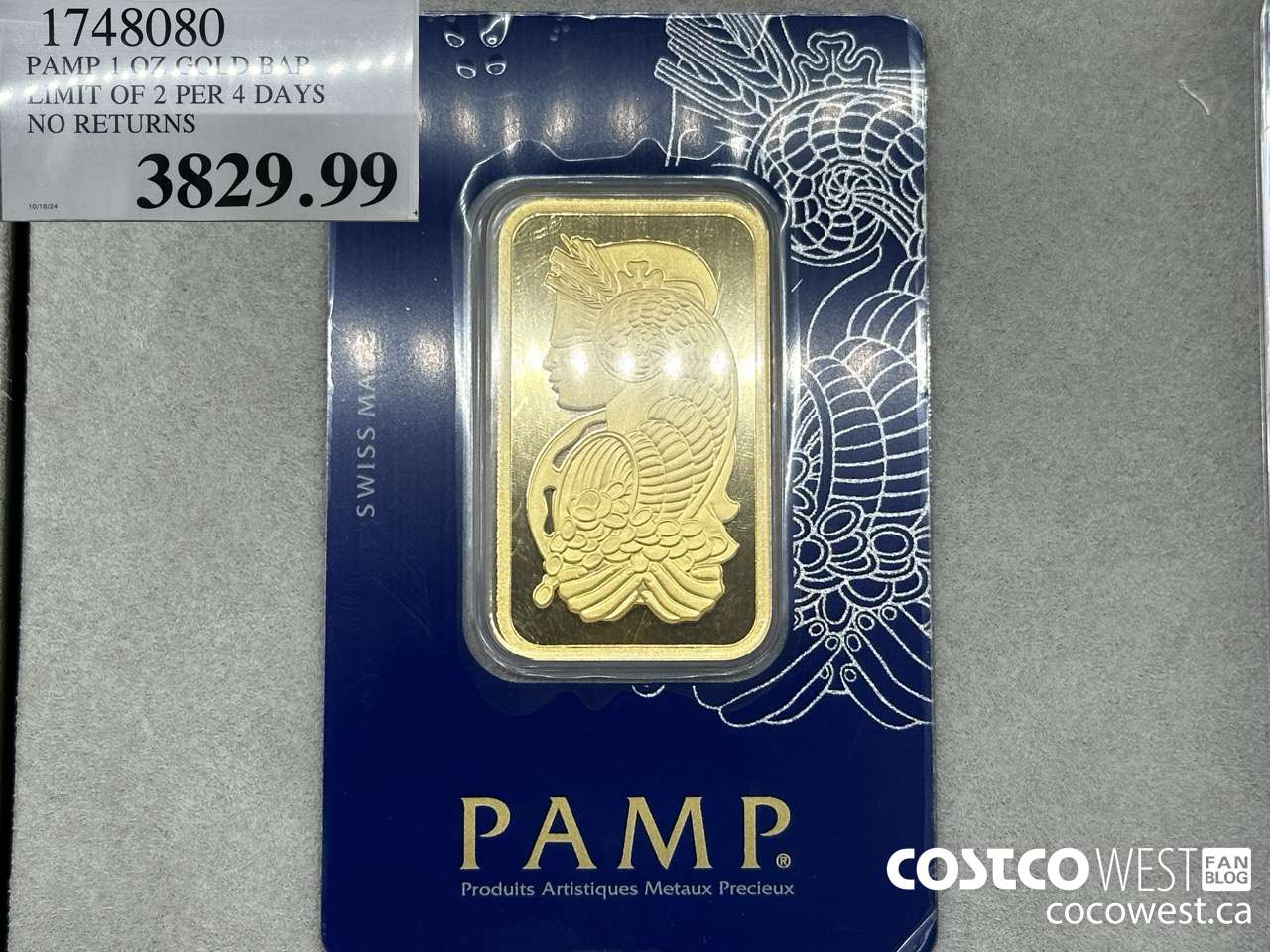 1748080 PAMP 1 OZ GOLD BAR LIMIT OF 2 PER 7 DAYS NO RETURNS $2839.99