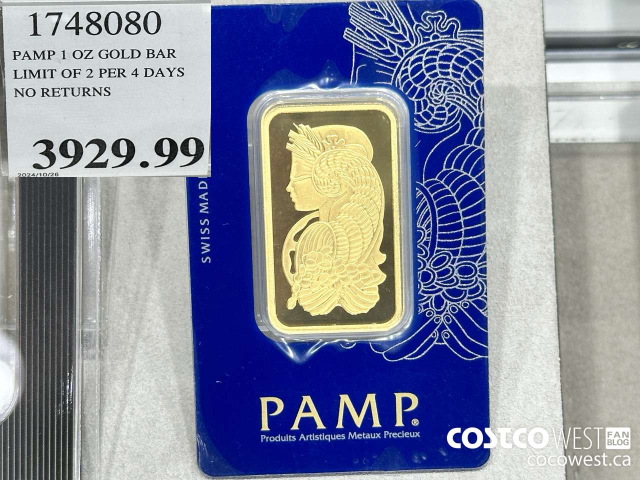 1748080 PAMP 1 OZ GOLD BAR LIMIT OF 2 PER 7 DAYS NO RETURNS $3929.99