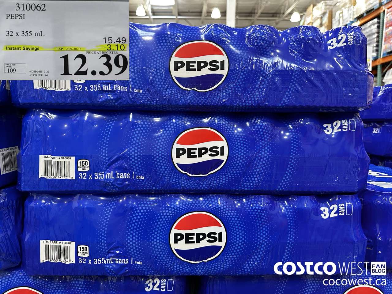310062 PEPSI 32 X 355 ML ($3.10 INSTANT SAVINGS EXPIRES ON 2024-10-13) $12.39