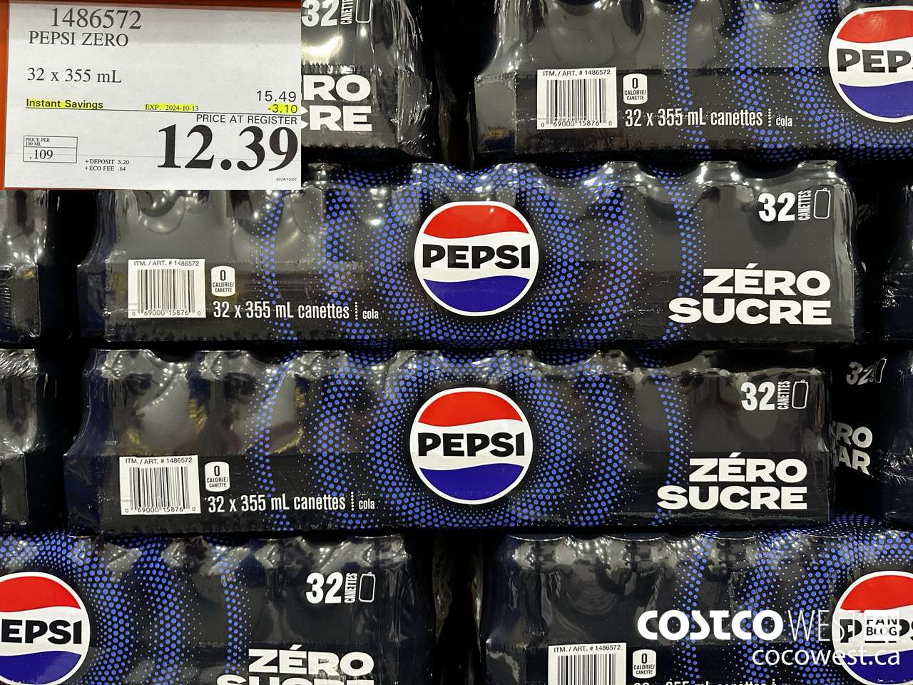 1486572 PEPSI ZERO 32 x 355 mL ($3.10 INSTANT SAVINGS EXPIRES ON 2024-10-13) $12.39
