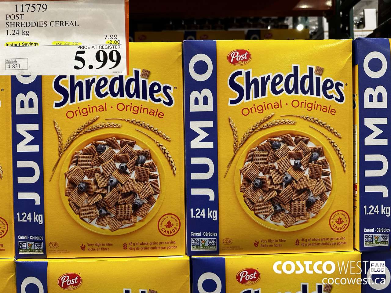 117579 POST SHREDDIES CEREAL 1.24 kg ($2.00 INSTANT SAVINGS EXPIRES ON 2024-10-20) $5.99