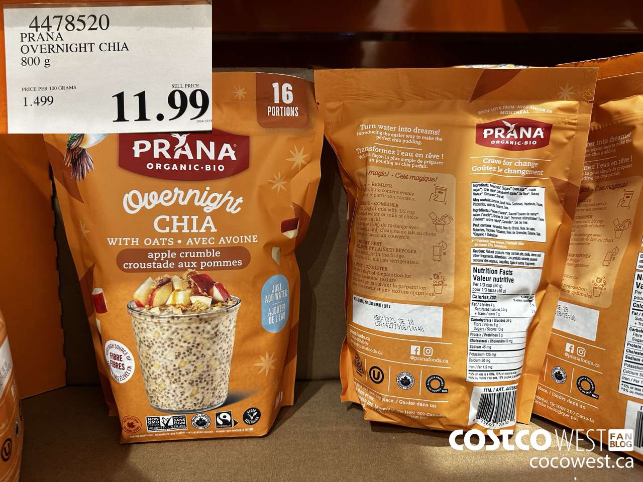 4478520 PRANA OVERNIGHT CHIA 800G $11.99