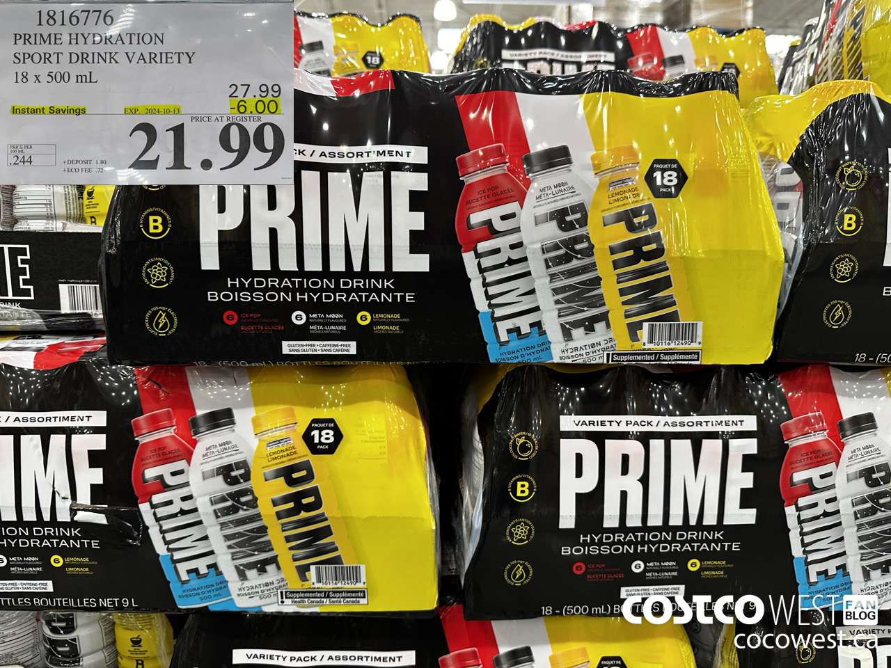 1816776 PRIME HYDRATION SPORT DRINK VARIETY 18 X 500ML ($6.00 INSTANT SAVINGS EXPIRES ON 2024-10-13) $21.99