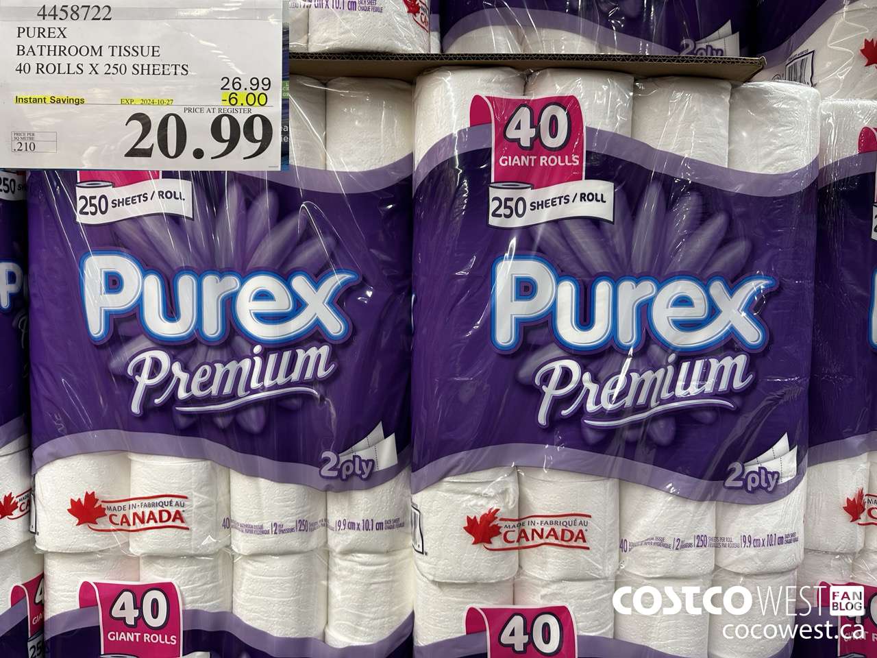 4458722 PUREX BATHROOM TISSUE 40 ROLLS X 250 SHEETS ($6.00 INSTANT SAVINGS EXPIRES ON 2024-10-27) $20.99