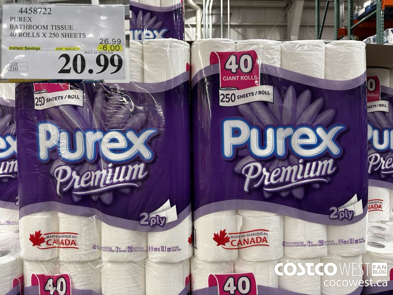 4458722 PUREX BATHROOM TISSUE 40 ROLLS X 250 SHEETS ($6.00 INSTANT SAVINGS EXPIRES ON 2024-10-27) $20.99