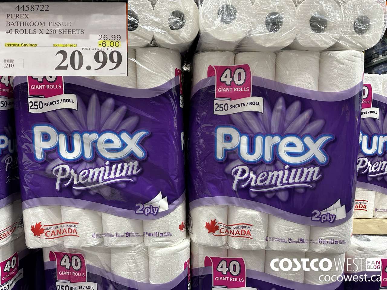 4458722 PUREX BATHROOM TISSUE 40 ROLLS X 250 SHEETS ($6.00 INSTANT SAVINGS EXPIRES ON 2024-10-27) $20.99