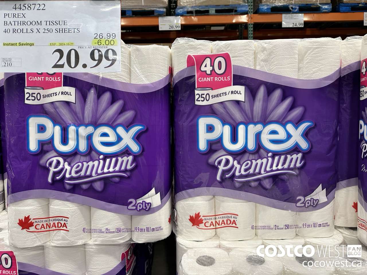 4458722 PUREX BATHROOM TISSUE 40 ROLLS X 250 SHEETS ($6.00 INSTANT SAVINGS EXPIRES ON 2024-10-27) $20.99