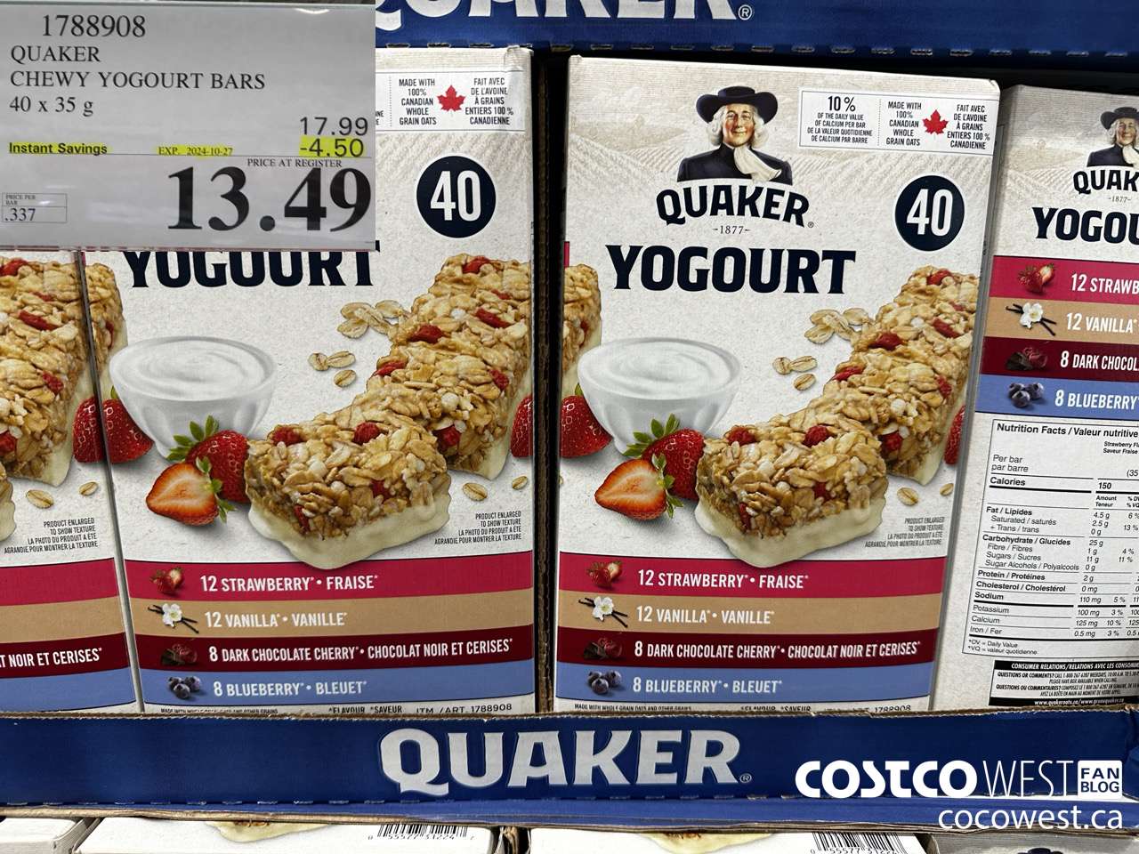 1788908 QUAKER CHEWY YOGOURT BARS 40 X 35 G ($4.50 INSTANT SAVINGS EXPIRES ON 2024-10-27) $13.49