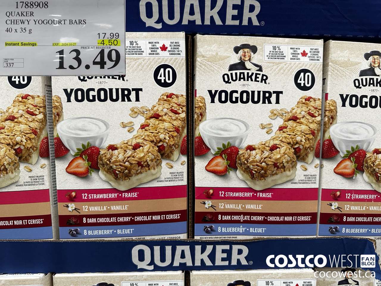 1788908 QUAKER CHEWY YOGOURT BARS 40 X 35 G ($4.50 INSTANT SAVINGS EXPIRES ON 2024-10-27) $13.49