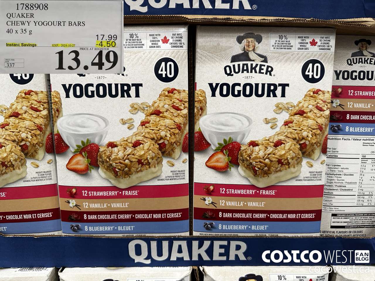 1788908 QUAKER CHEWY YOGOURT BARS 40 X 35 G ($4.50 INSTANT SAVINGS EXPIRES ON 2024-10-27) $13.49