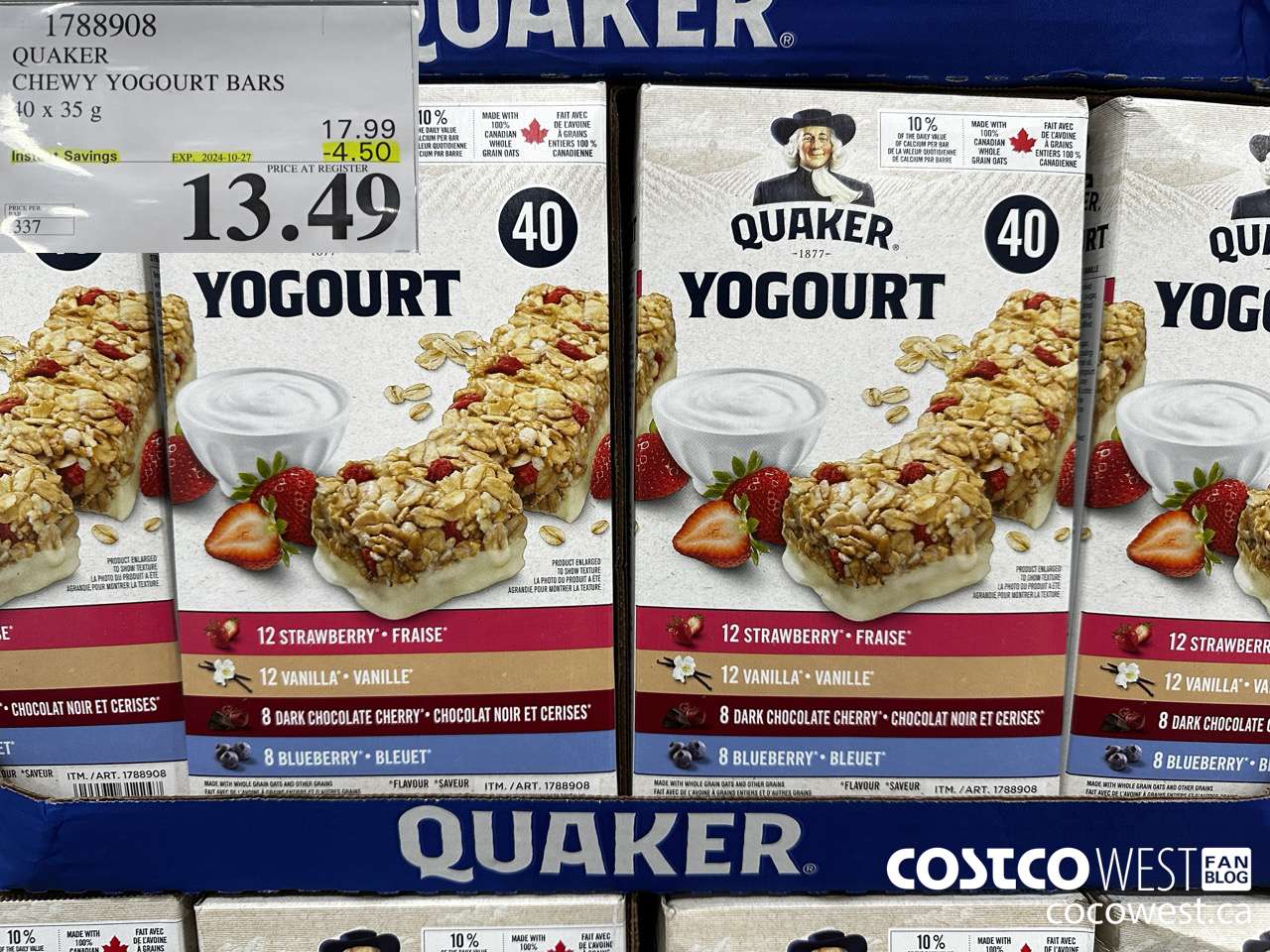 1788908 QUAKER CHEWY YOGOURT BARS 40 X 35 G ($4.50 INSTANT SAVINGS EXPIRES ON 2024-10-27) $13.49