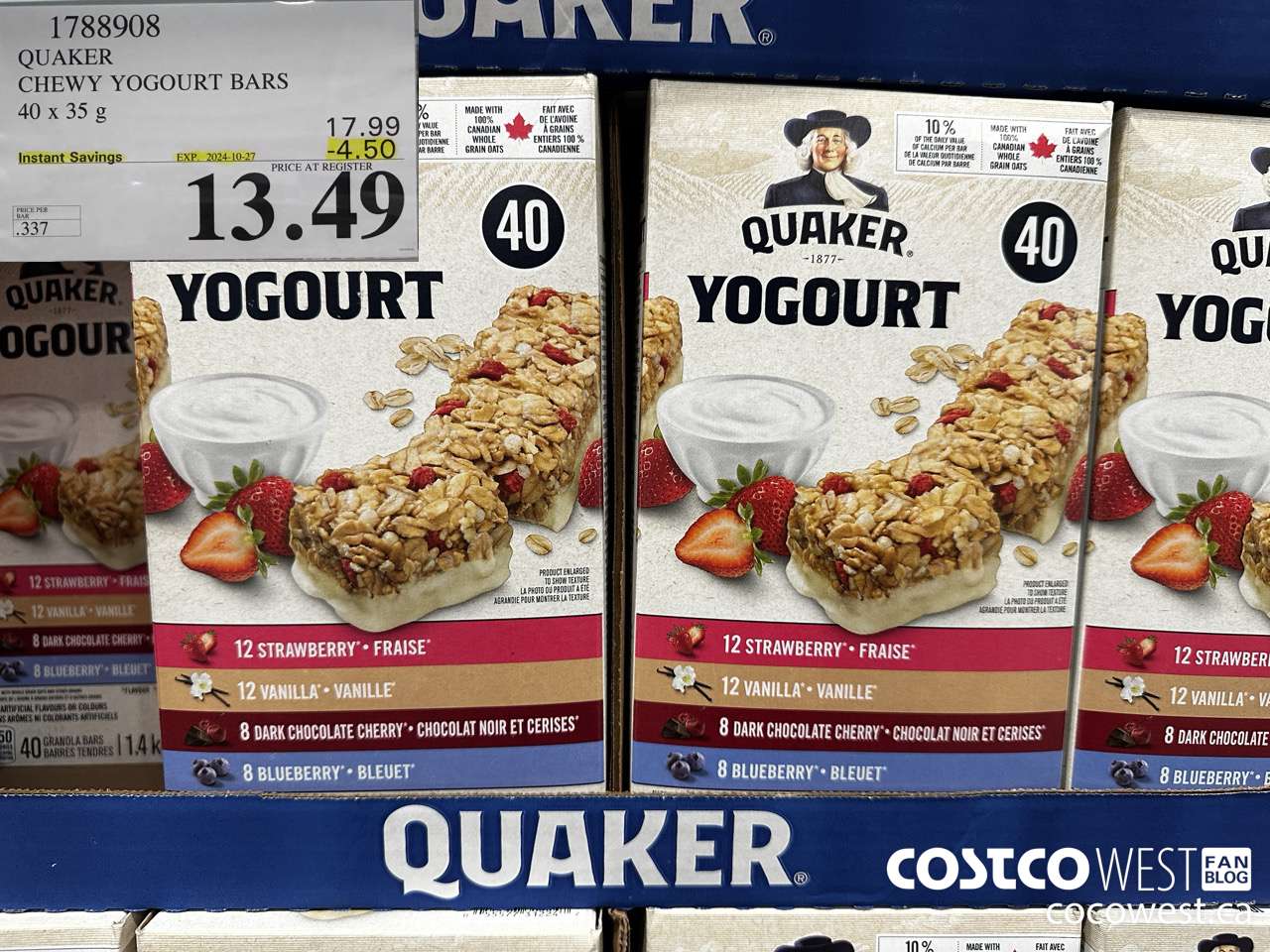 1788908 QUAKER CHEWY YOGOURT BARS 40 X 35 G ($4.50 INSTANT SAVINGS EXPIRES ON 2024-10-27) $13.49