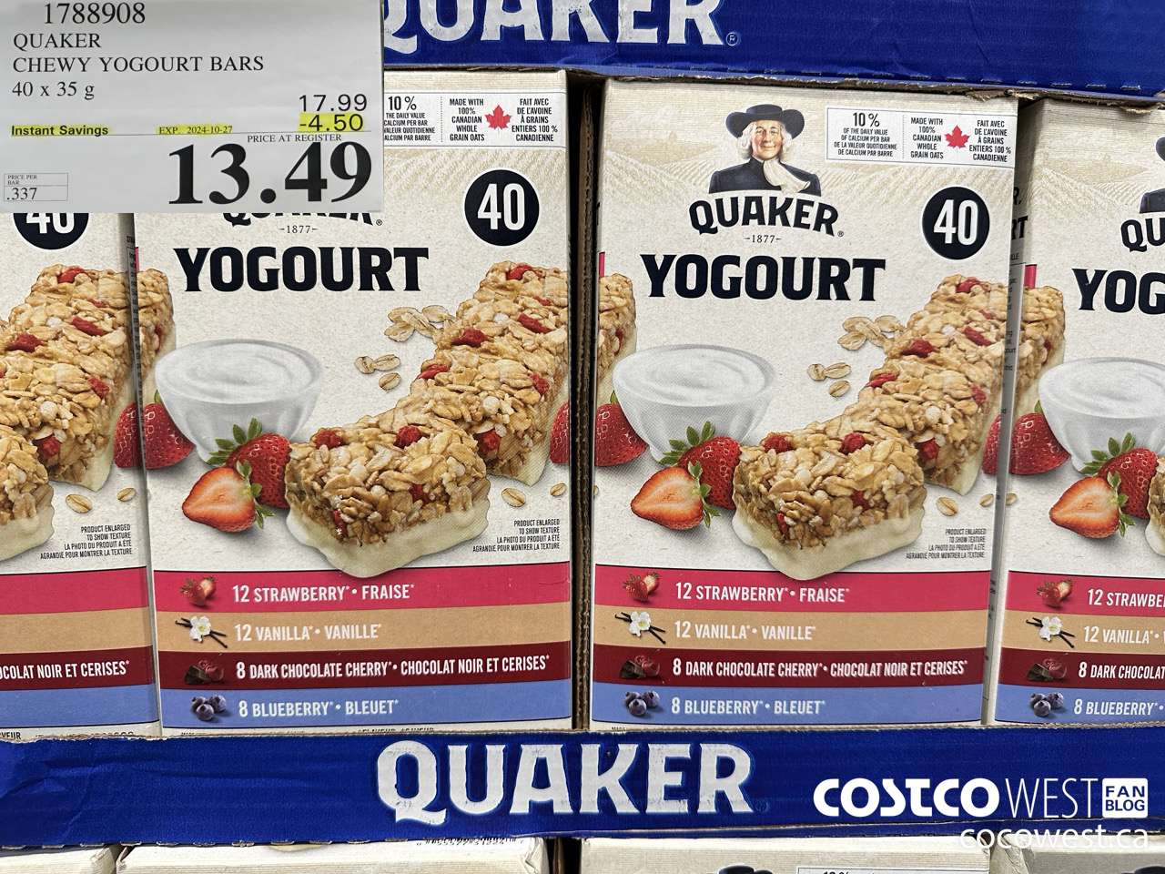 1788908 QUAKER CHEWY YOGOURT BARS 40 X 35 G ($4.50 INSTANT SAVINGS EXPIRES ON 2024-10-27) $13.49