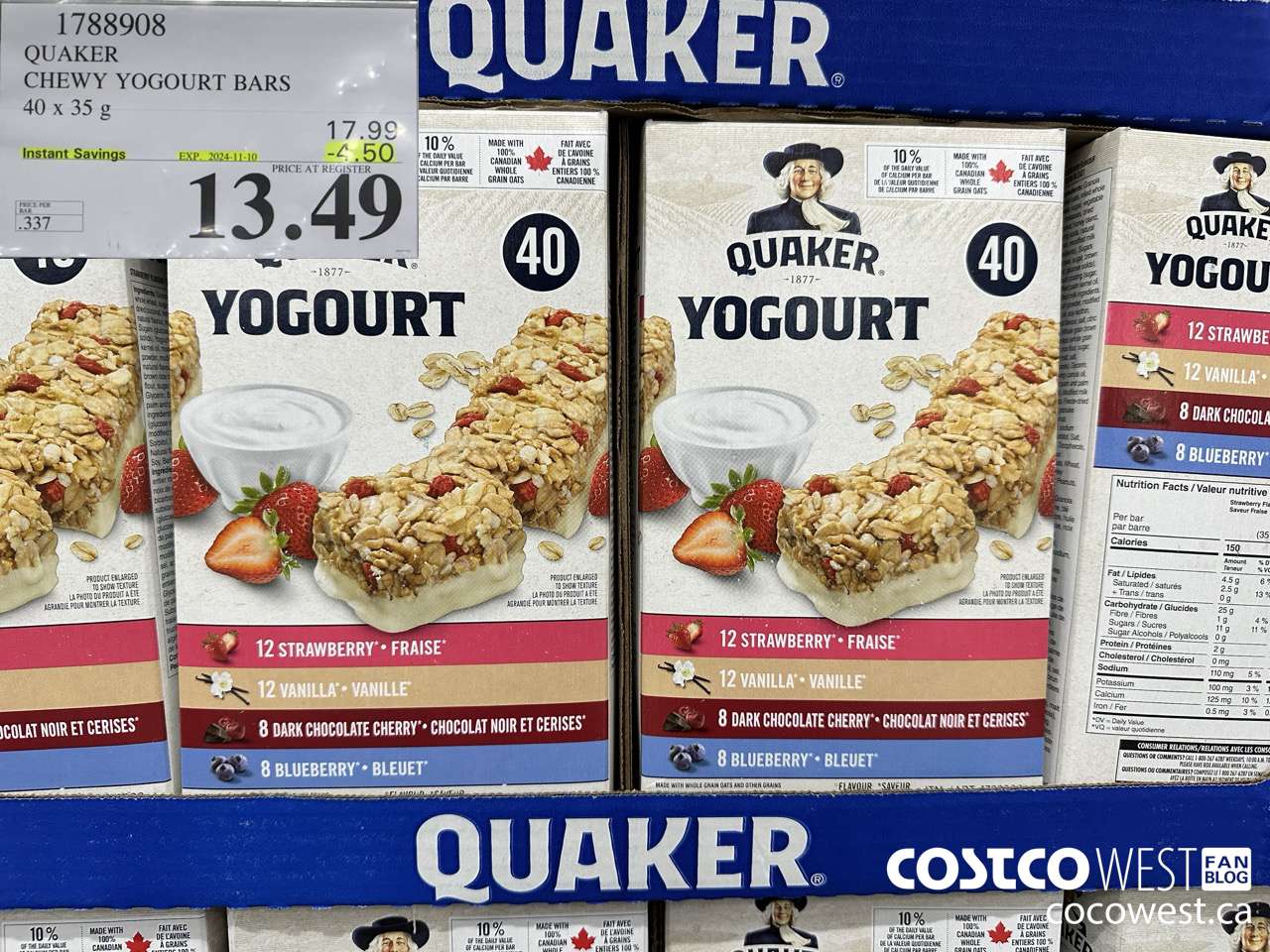 1788908 QUAKER CHEWY YOGOURT BARS 40 X 35 G ($4.50 INSTANT SAVINGS EXPIRES ON 2024-11-10) $13.49