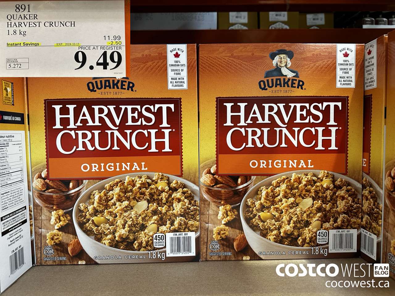 891 QUAKER HARVEST CRUNCH 1.8 KG ($2.50 INSTANT SAVINGS EXPIRES ON 2024-10-13) $9.49