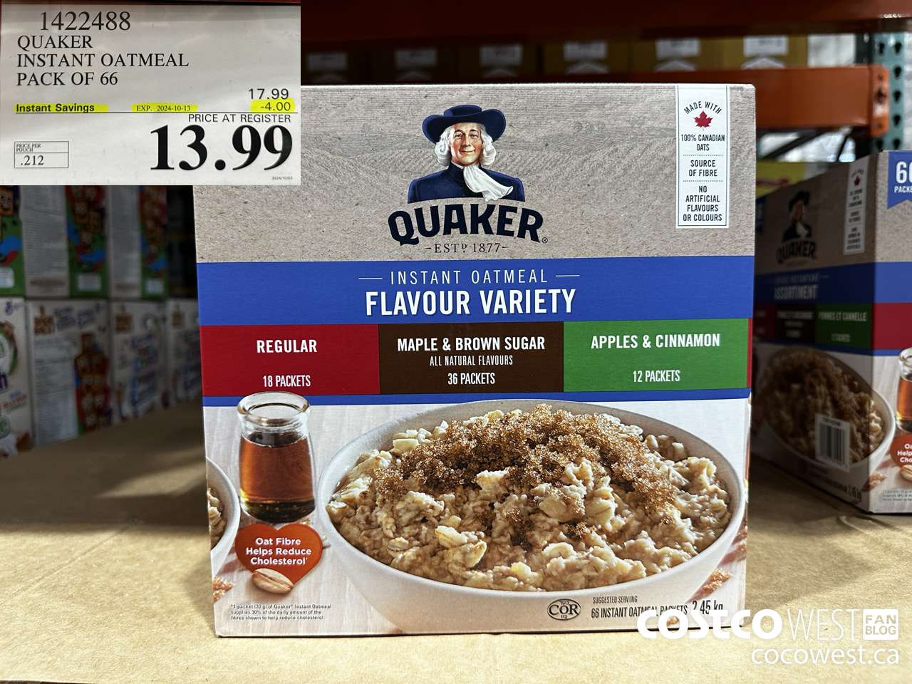 1422488 QUAKER INSTANT OATMEAL 66 COUNT ($4.00 INSTANT SAVINGS EXPIRES ON 2024-10-13) $13.99