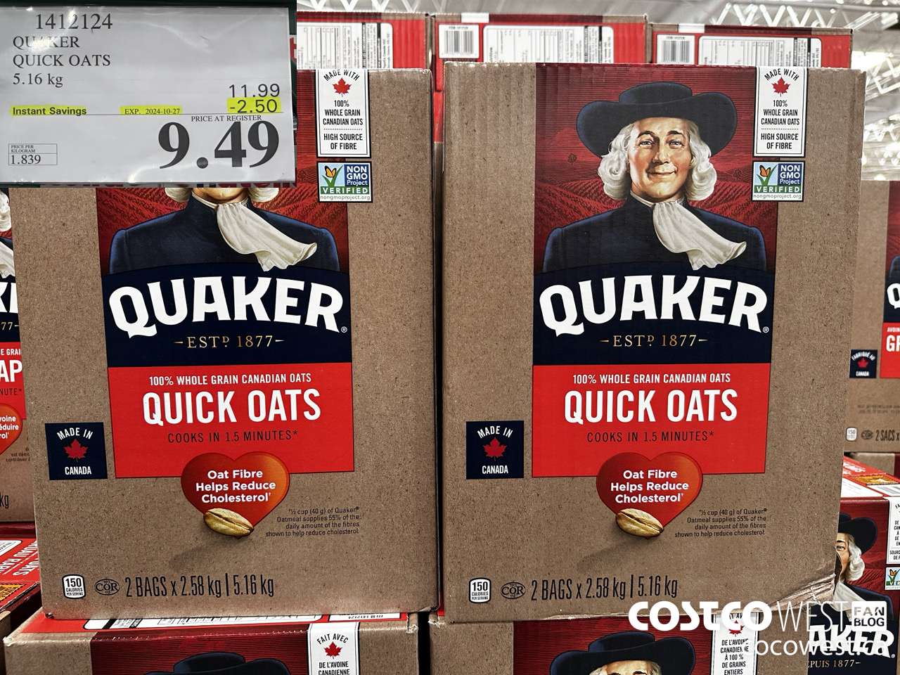 1412124 QUAKER QUICK OATS 5.16 kg ($2.50 INSTANT SAVINGS EXPIRES ON 2024-10-27) $9.49