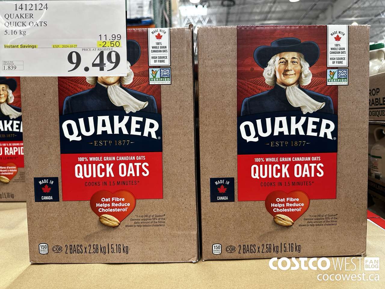 1412124 QUAKER QUICK OATS 5.16 kg ($2.50 INSTANT SAVINGS EXPIRES ON 2024-10-27) $9.49