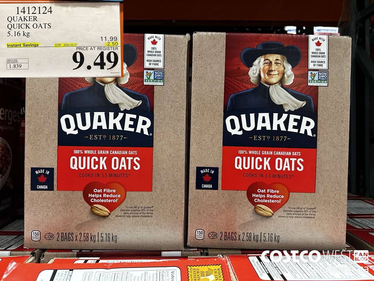 1412124 QUAKER QUICK OATS 5.16 kg ($2.50 INSTANT SAVINGS EXPIRES ON 2024-10-27) $9.49