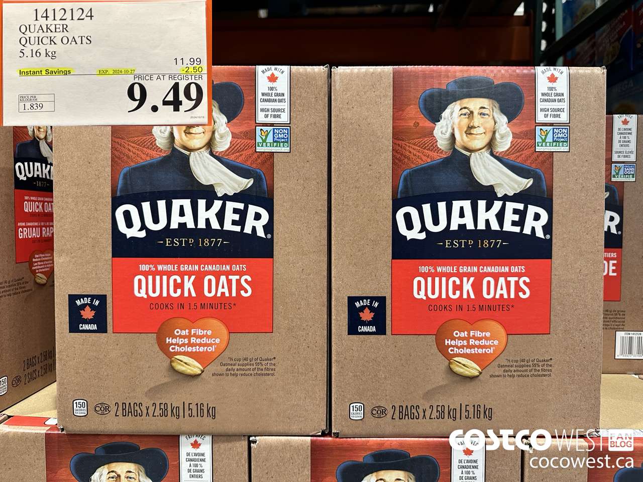 1412124 QUAKER QUICK OATS 5.16 kg ($2.50 INSTANT SAVINGS EXPIRES ON 2024-10-27) $9.49