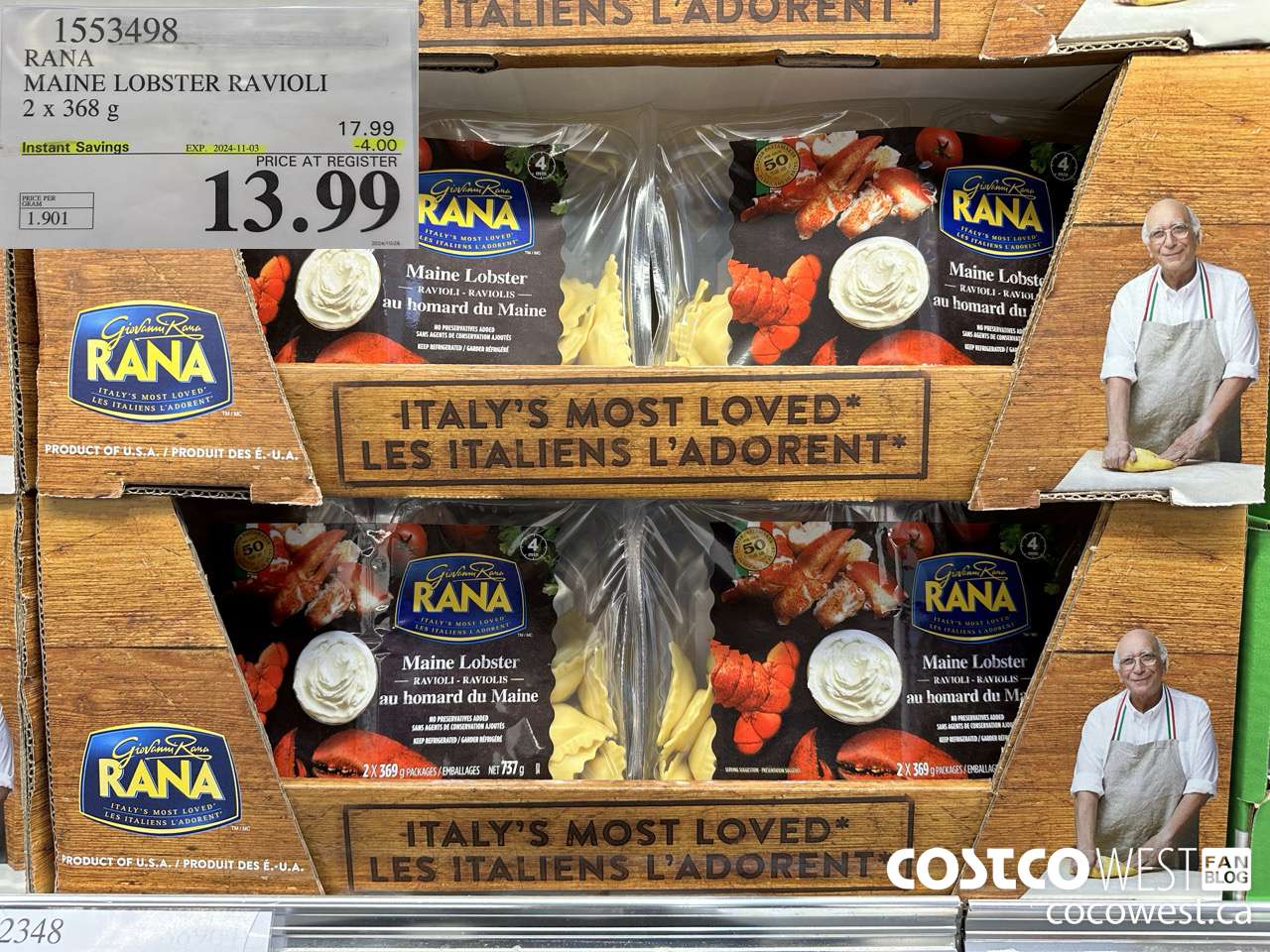 1553498 RANA MAINE LOBSTER RAVIOLI 2 X 368 G ($4.00 INSTANT SAVINGS EXPIRES ON 2024-11-03) $13.99