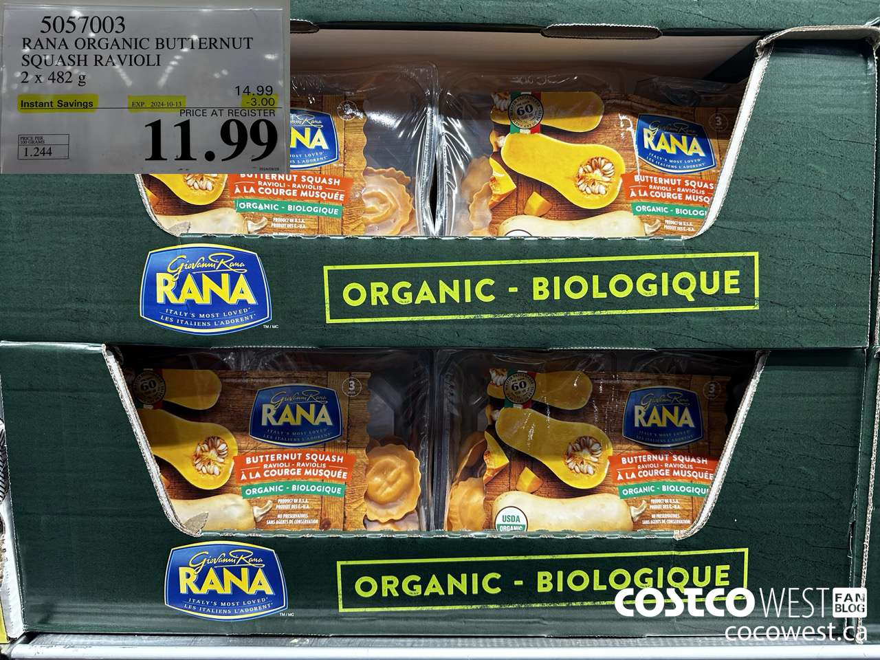 5057003 RANA ORGANIC BUTTERNUT SQUASH RAVIOLI 2 x 482 g ($3.00 INSTANT SAVINGS EXPIRES ON 2024-10-13) $11.99