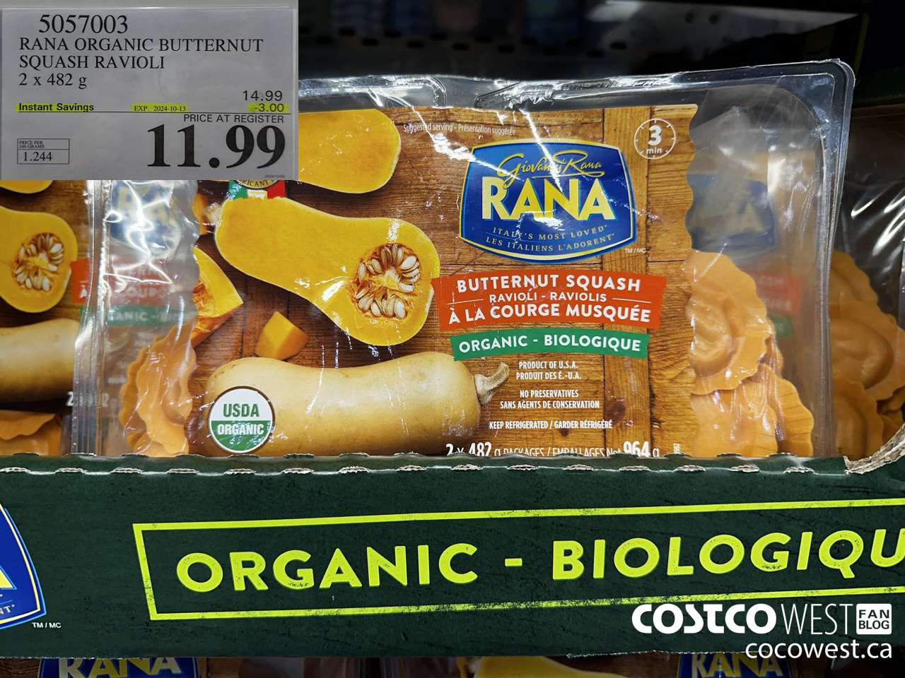 5057003 RANA ORGANIC BUTTERNUT SQUASH RAVIOLI 2 x 482 g ($3.00 INSTANT SAVINGS EXPIRES ON 2024-10-13) $11.99