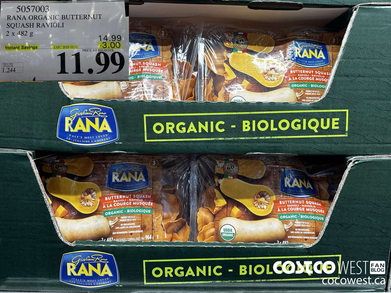 5057003 RANA ORGANIC BUTTERNUT SQUASH RAVIOLI 2 x 482 g ($3.00 INSTANT SAVINGS EXPIRES ON 2024-10-13) $11.99