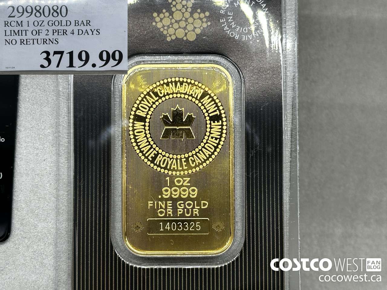 2998080 RCM 1 OZ GOLD BAR LIMIT OF 2 PER 7 DAYS NO RETURNS $3719.99