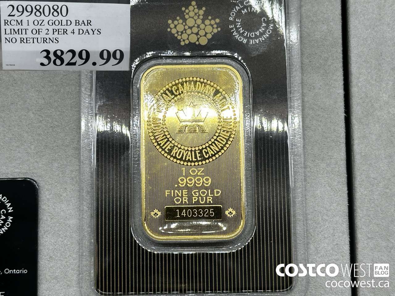 2998080 RCM 1 OZ GOLD BAR LIMIT OF 2 PER 7 DAYS NO RETURNS $3829.99