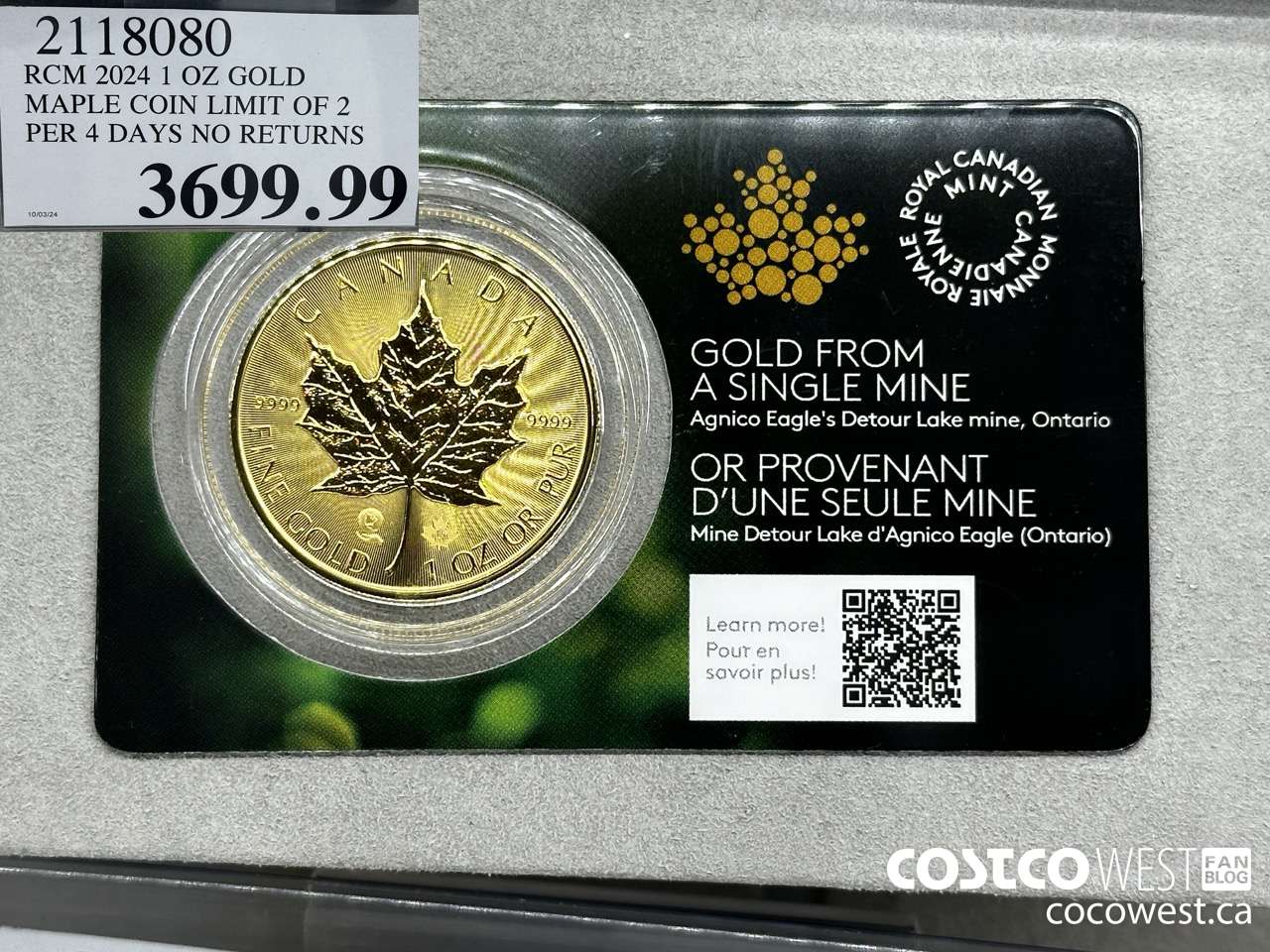 2118080 RCM 2024 1 OZ GOLD. MAPLE COIN LIMIT OF 2 PER 4 DAYS NO RETURNS $3699.99